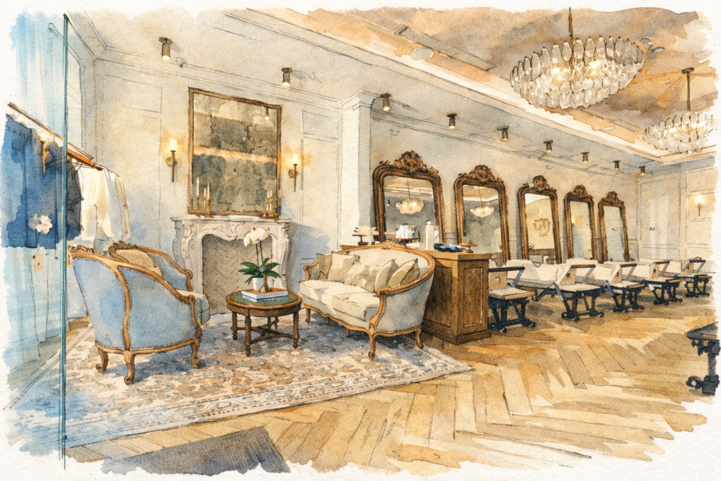 Watercolor illustration of a luxury Parisian-inspired Pilates studio with chandeliers, reformer machines, ornate mirrors, and lounge seating.
