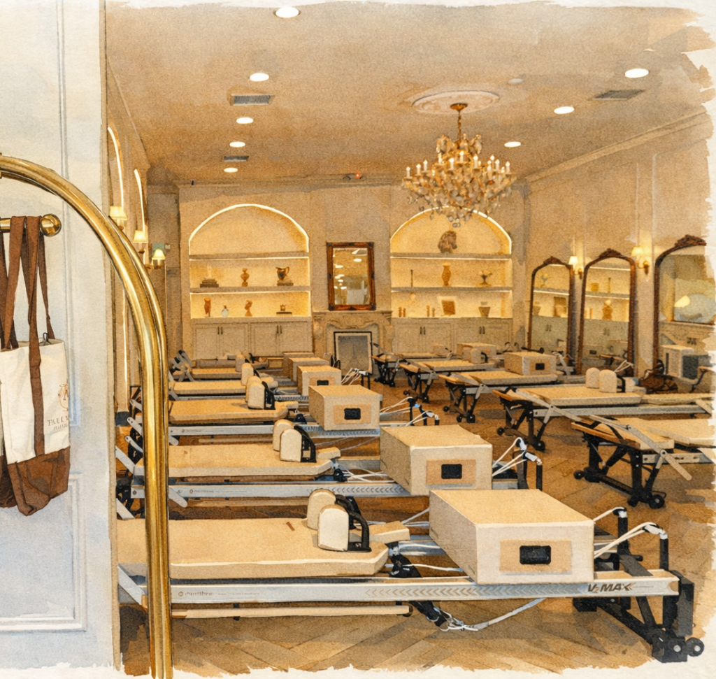 Watercolor illustration of the Figue Madera Pilates Northridge reformer studio with chandeliers, rows of reformers, arched shelving, and branded tote bags on a brass rack.